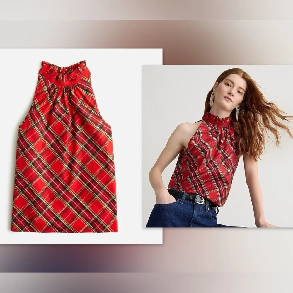 🎁Ruffleneck Sleeveless Cotton Poplin Top in Plaid Holiday Red, M